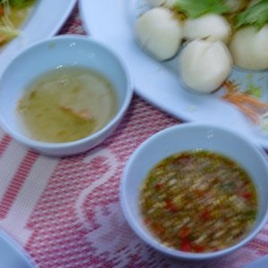 Rechte Soße sehr scharf, die linke ist aus Pflaumen gemacht und schön lecker süss